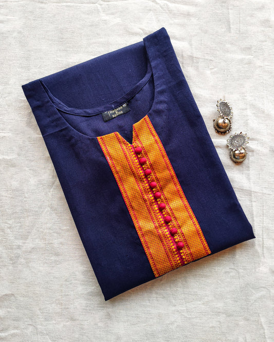 114 Navy Blue Kurta with Border and Red Potlis