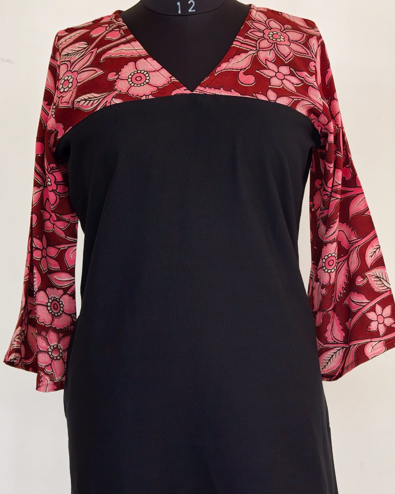 271 Black with Red and pink fancy silk kalamkari bell sleeves