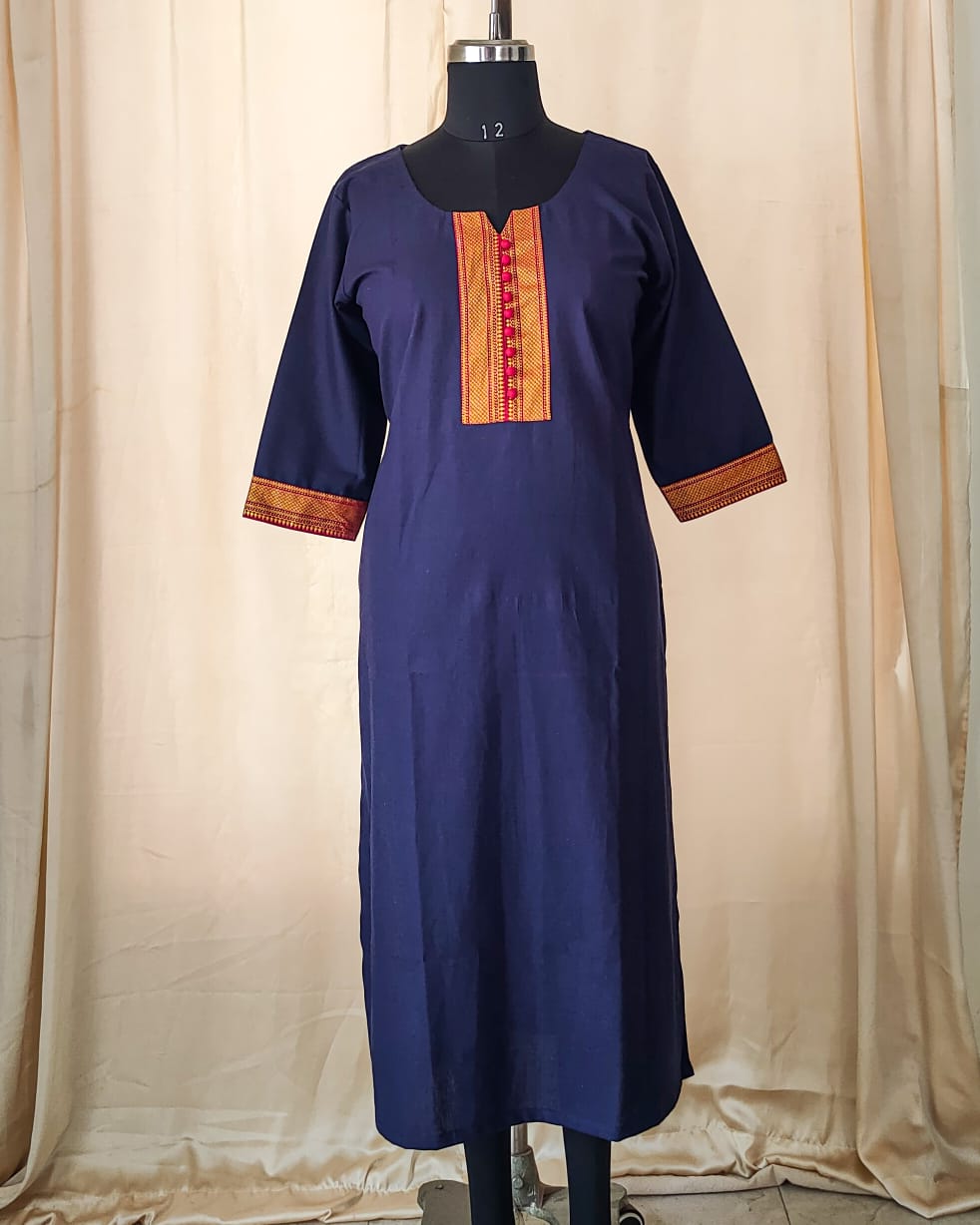 114 Navy Blue Kurta with Border and Red Potlis