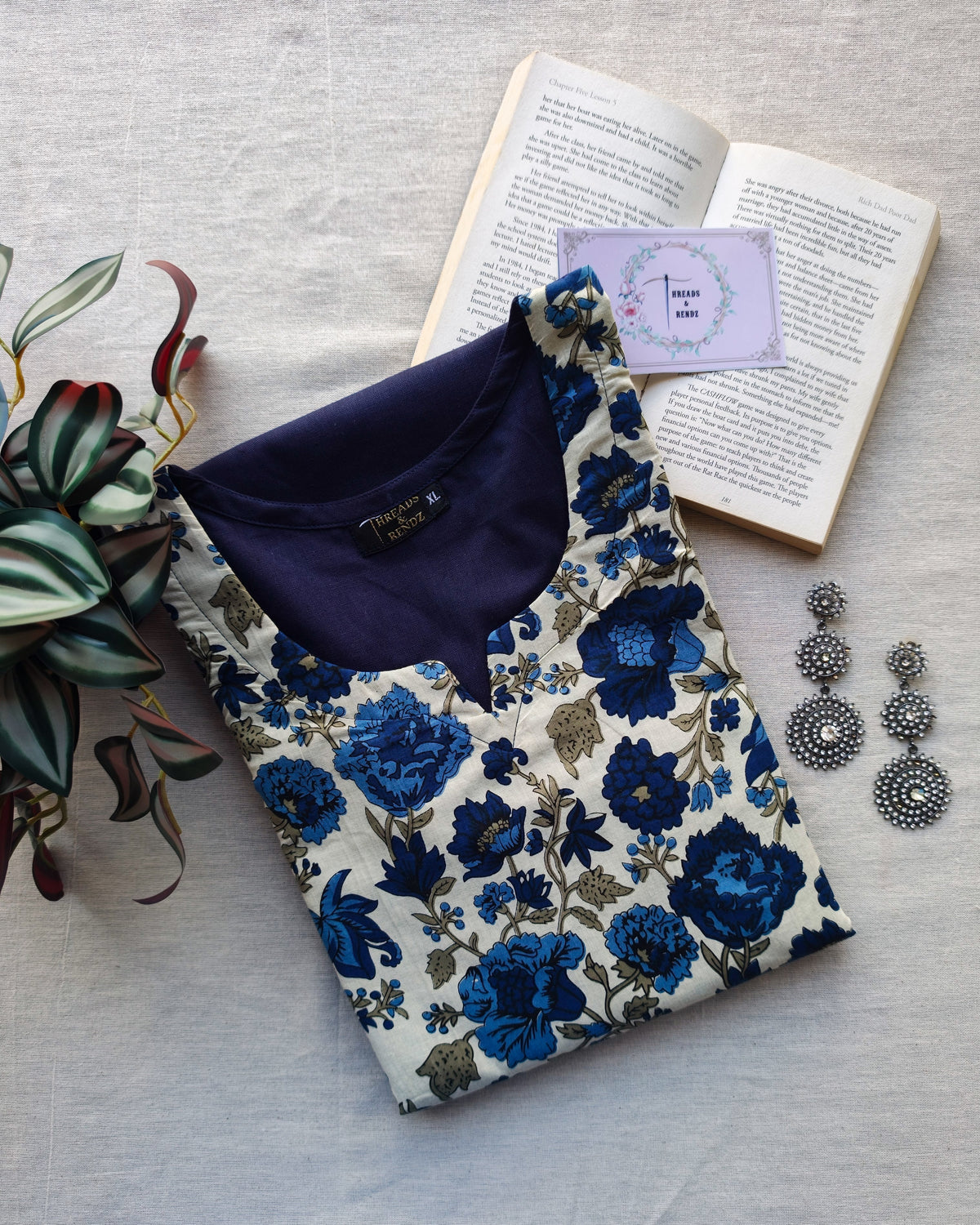 Navy Blue With Cream Floral Patch