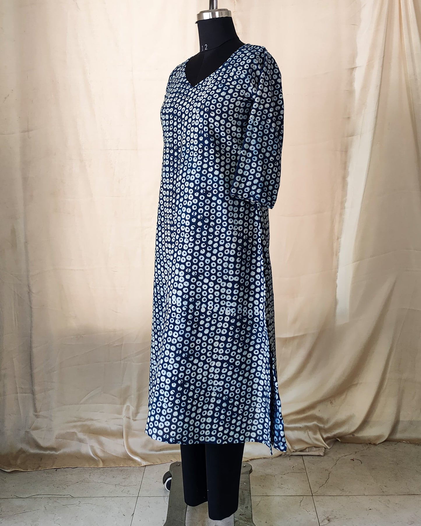 106 Blue and White Circle Print A-Line Kurta