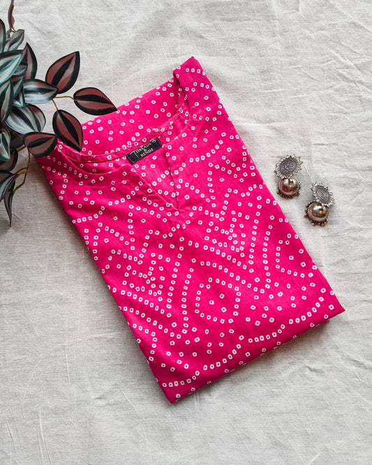 155 Pink bandhani print fit n flare kurta with chudi sleeves