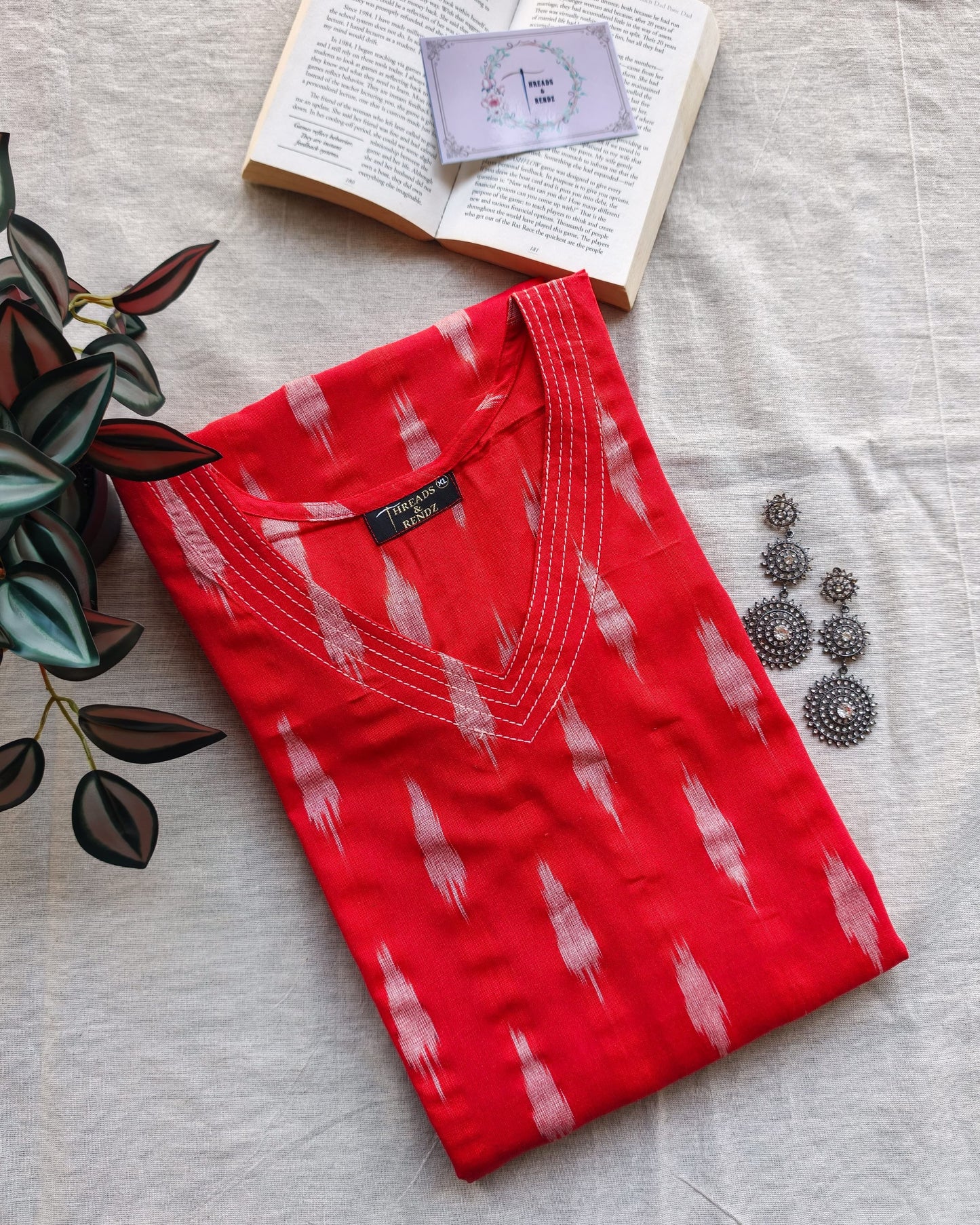 222	Red ikkat A line kurta with white detailing