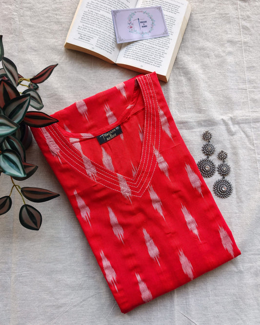 222	Red ikkat A line kurta with white detailing
