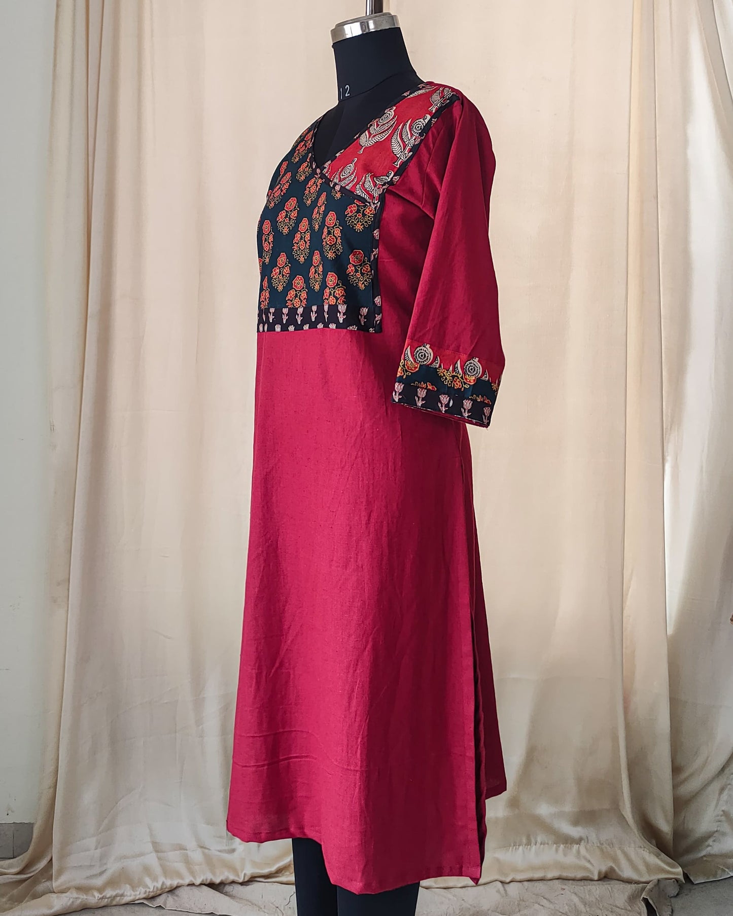 175 Maroon Kurta with a Multicoloured Yoke Patch
