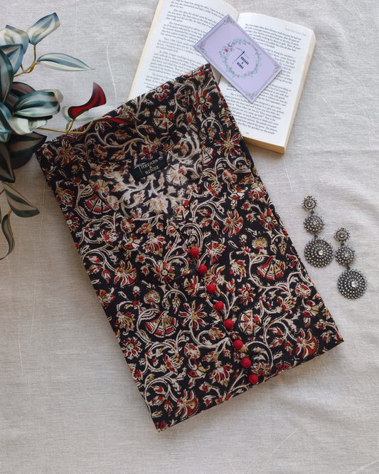 269 Black and maroon kalamkari with maroon potlis