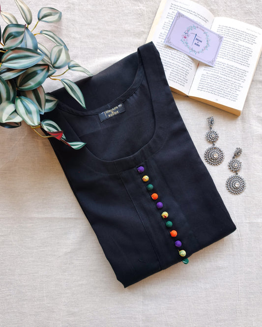 247 Black flare kurta with multicoloured Potlis
