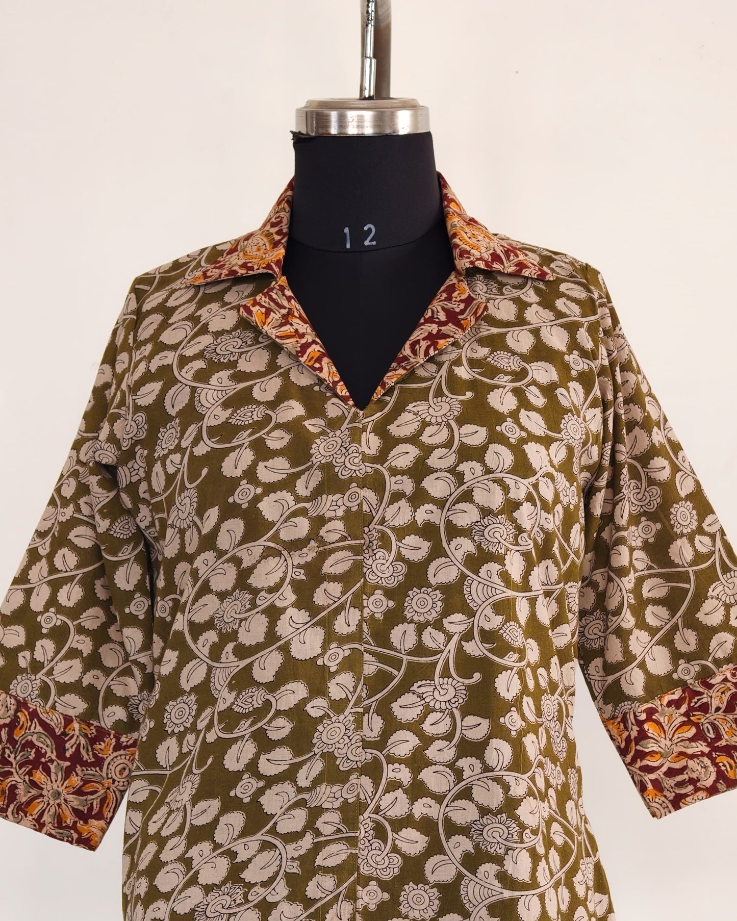 229 Olive Green Kalamkari Kurta with Collar