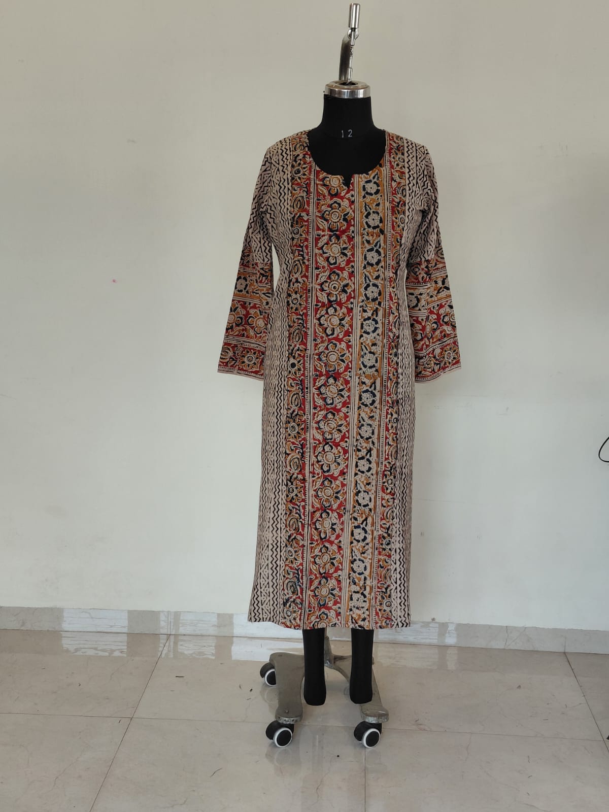 297 Cream stripes with floral panel kalamkari kurta with full sleeves