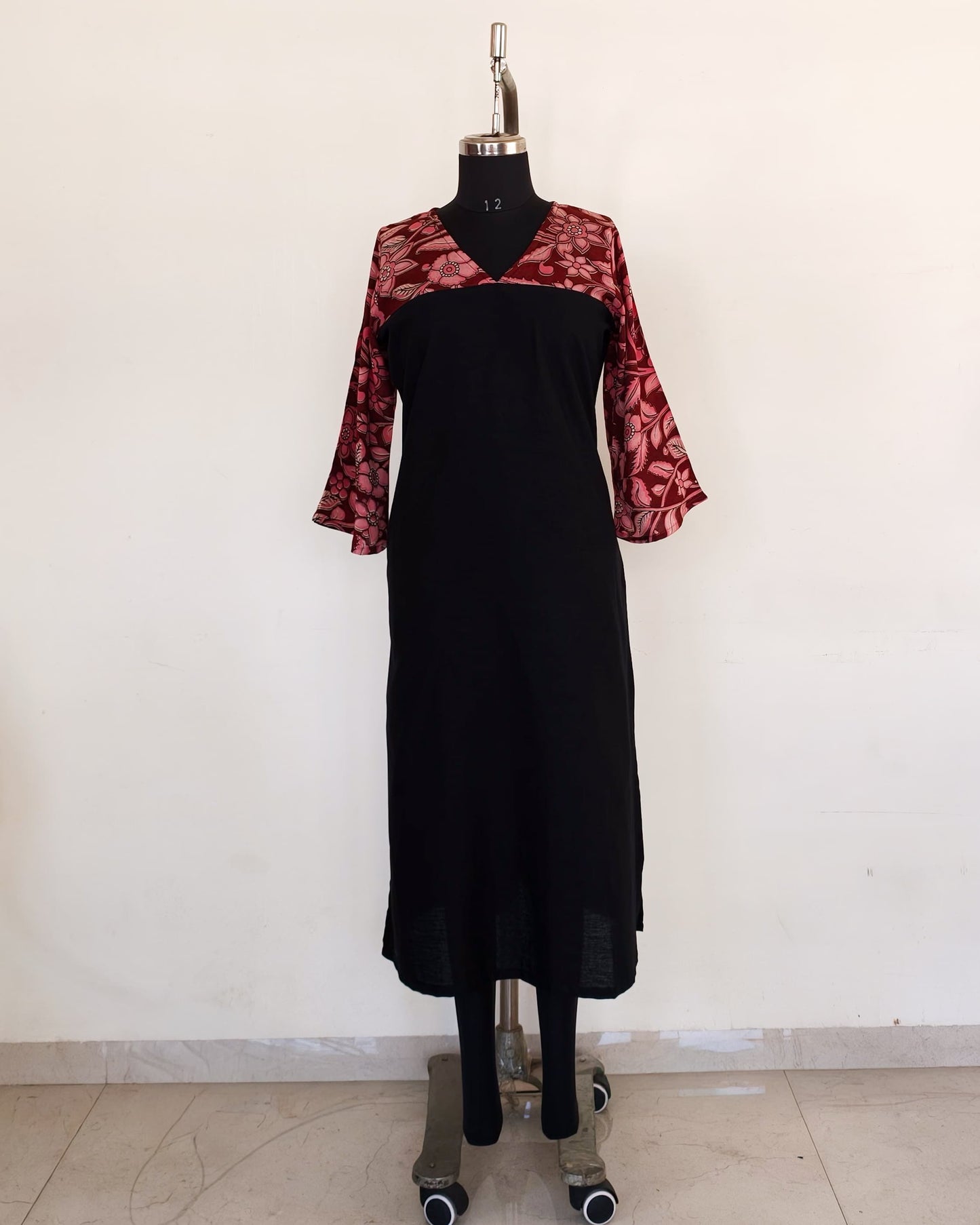 271 Black with Red and pink fancy silk kalamkari bell sleeves