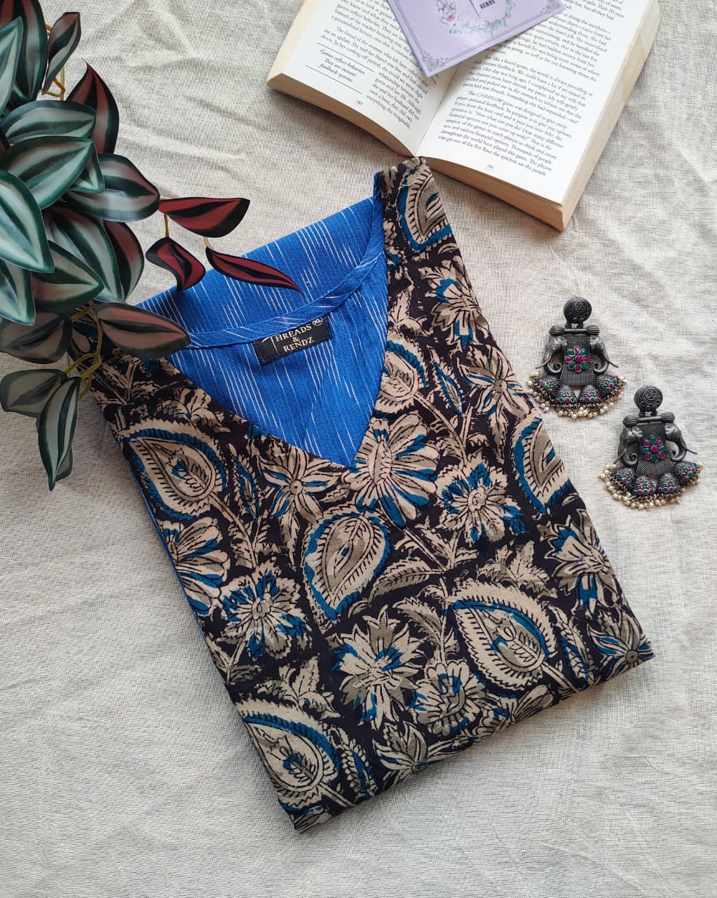 197	Blue ikkat kurta with kalamkari yoke patch