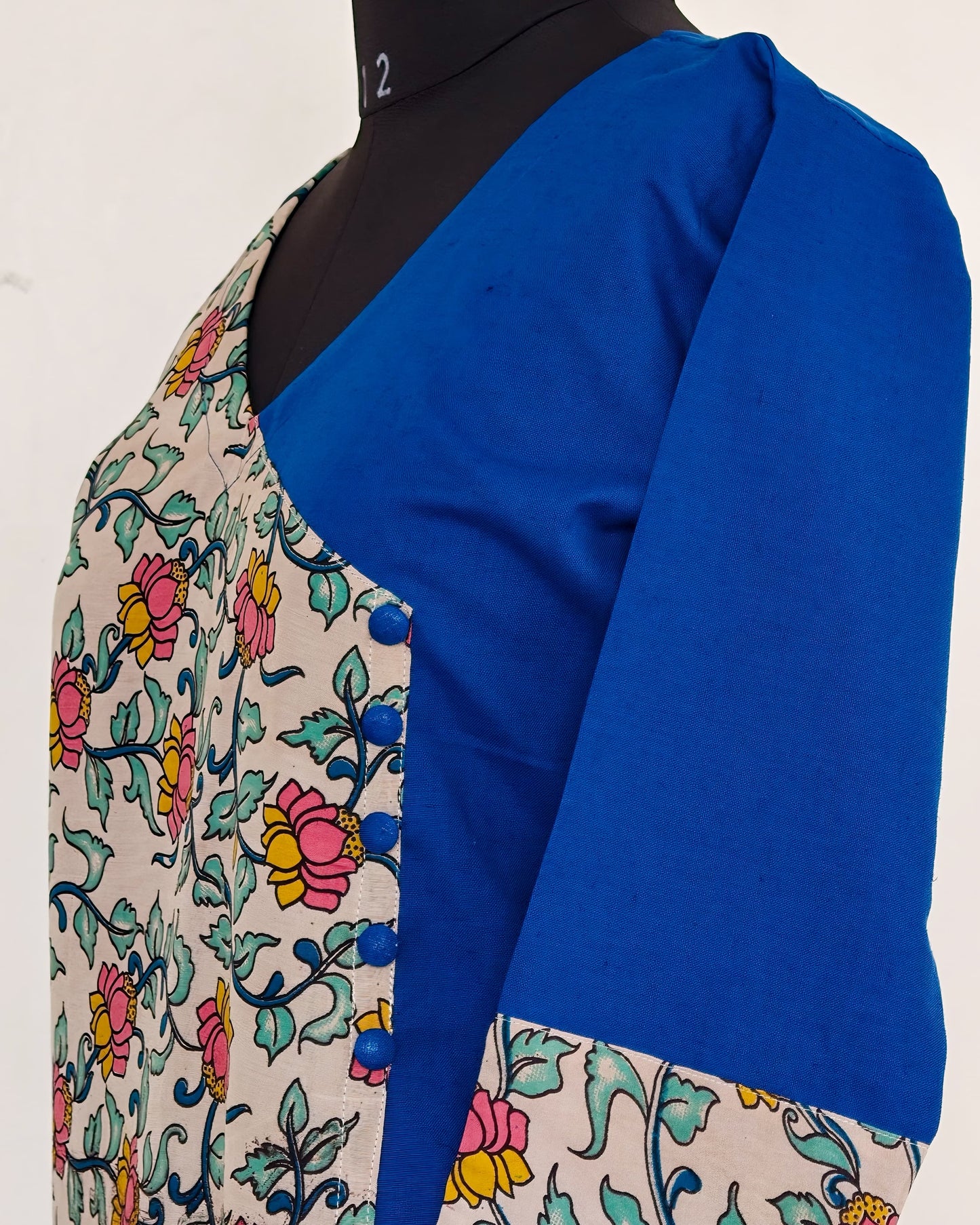 270 Blue with cream fancy silk kalamkari overlap with buttons