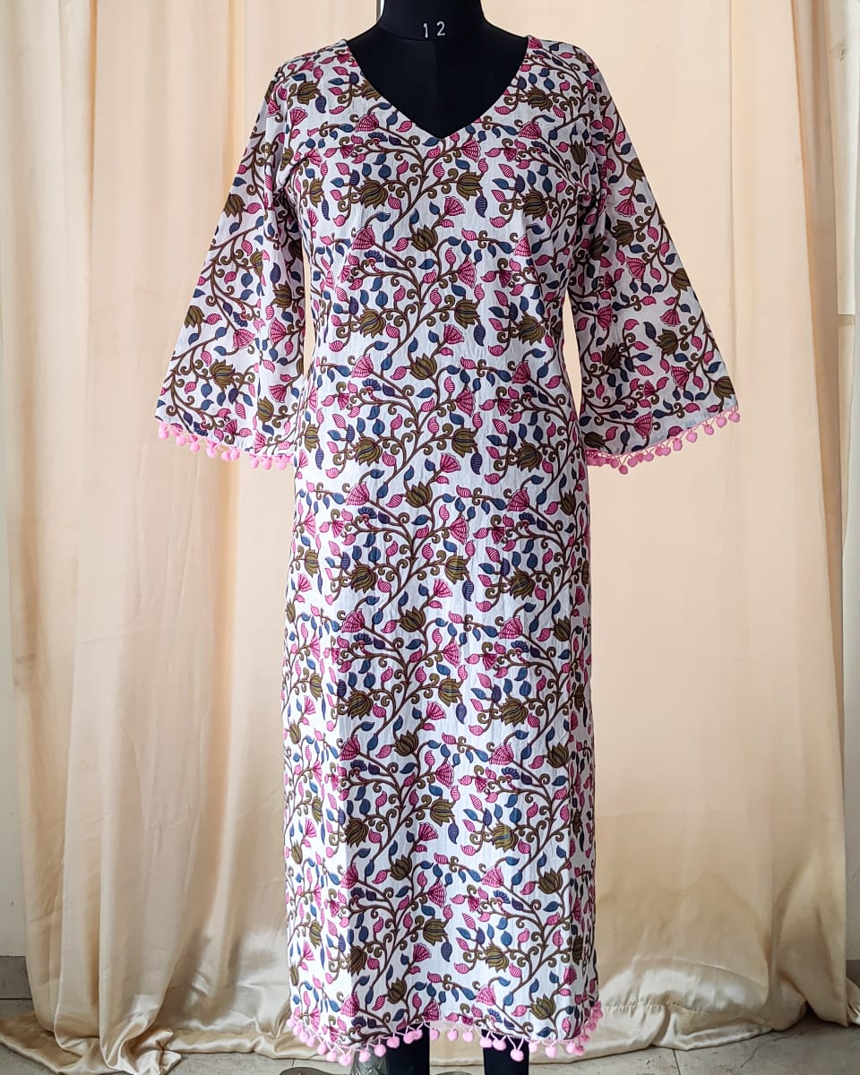 135 White Printed kurta with Pom-pom lace and bell sleeves