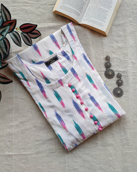 181 White ikkat fit n flare kurta with pink potlis