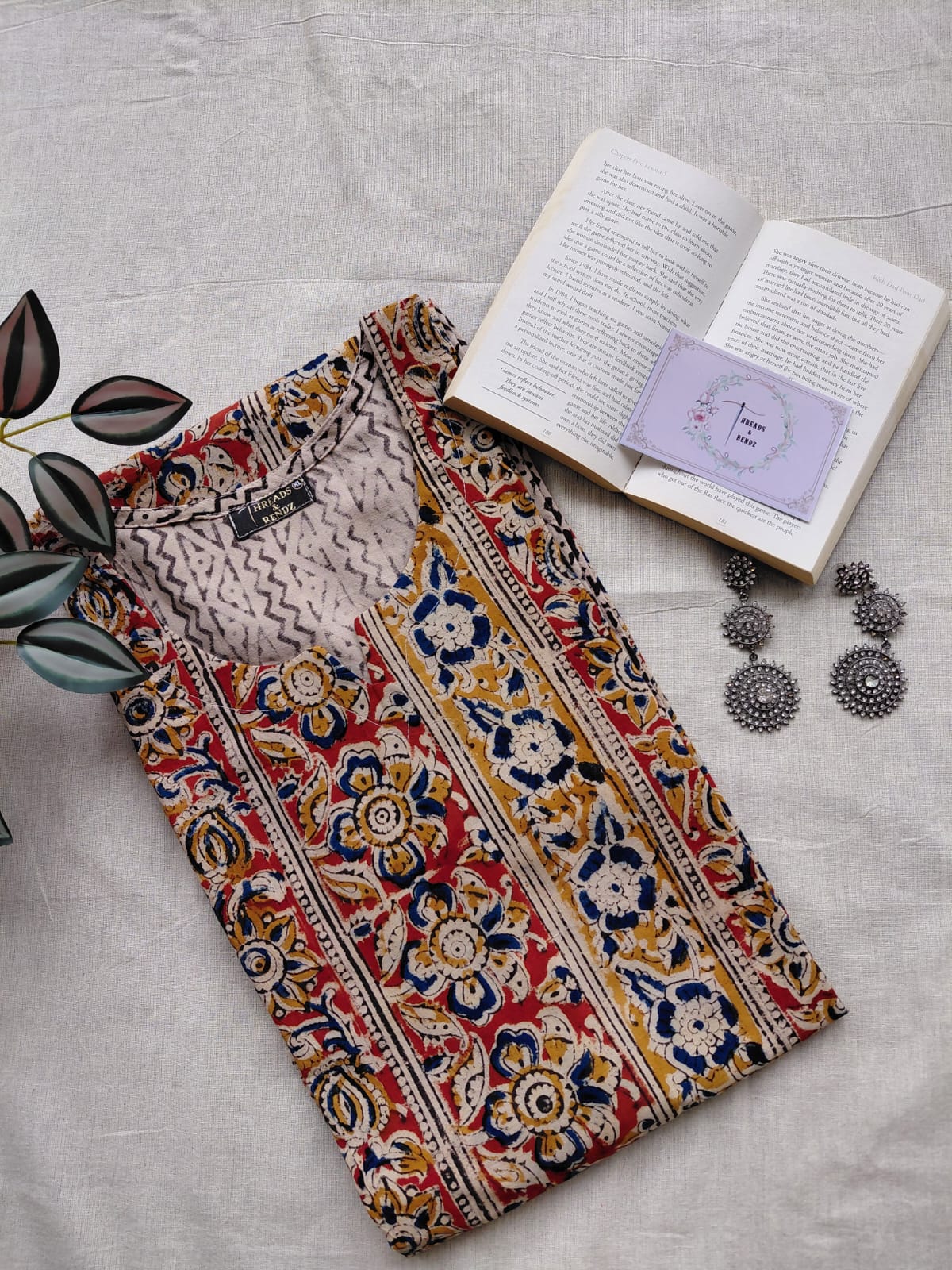 297 Cream stripes with floral panel kalamkari kurta with full sleeves