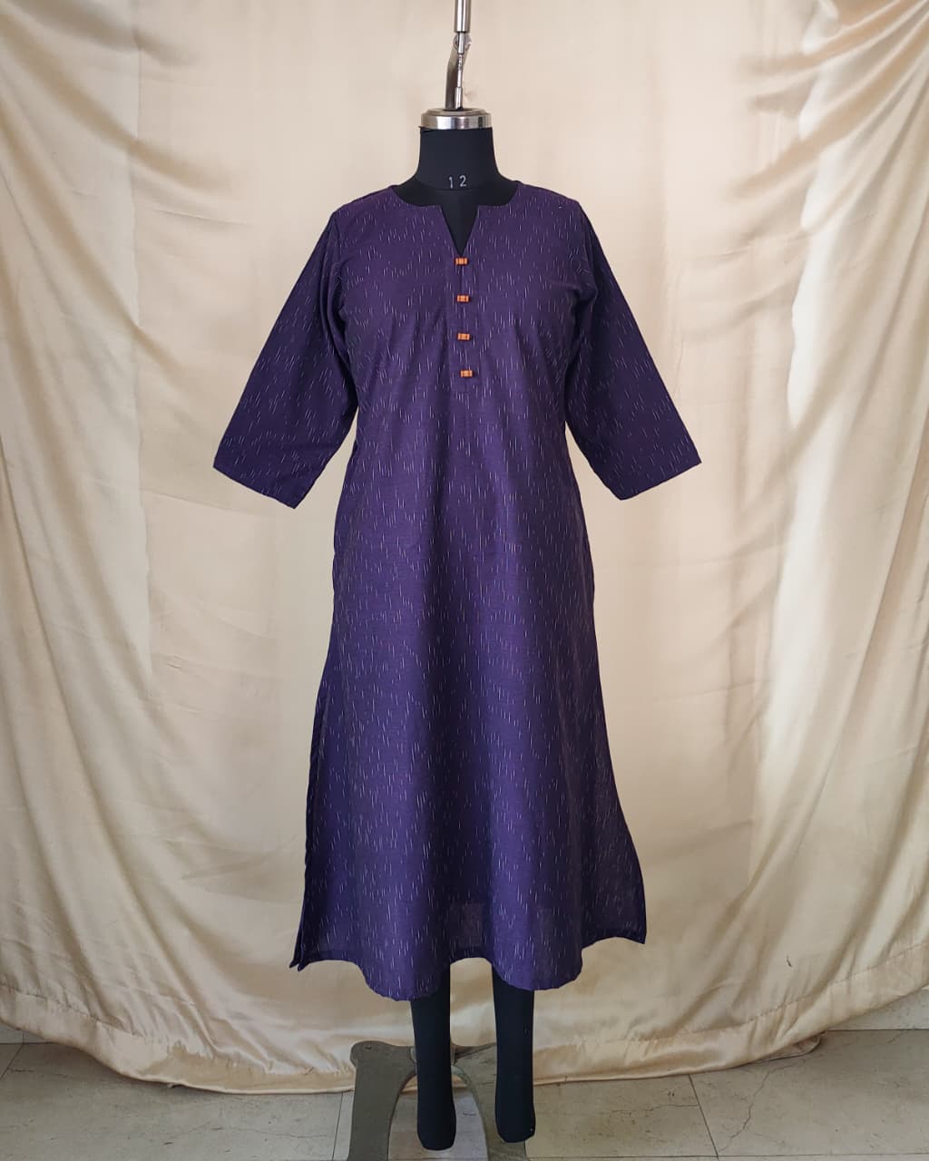 220	Purple handloom ikkat A-line kurta with buttons