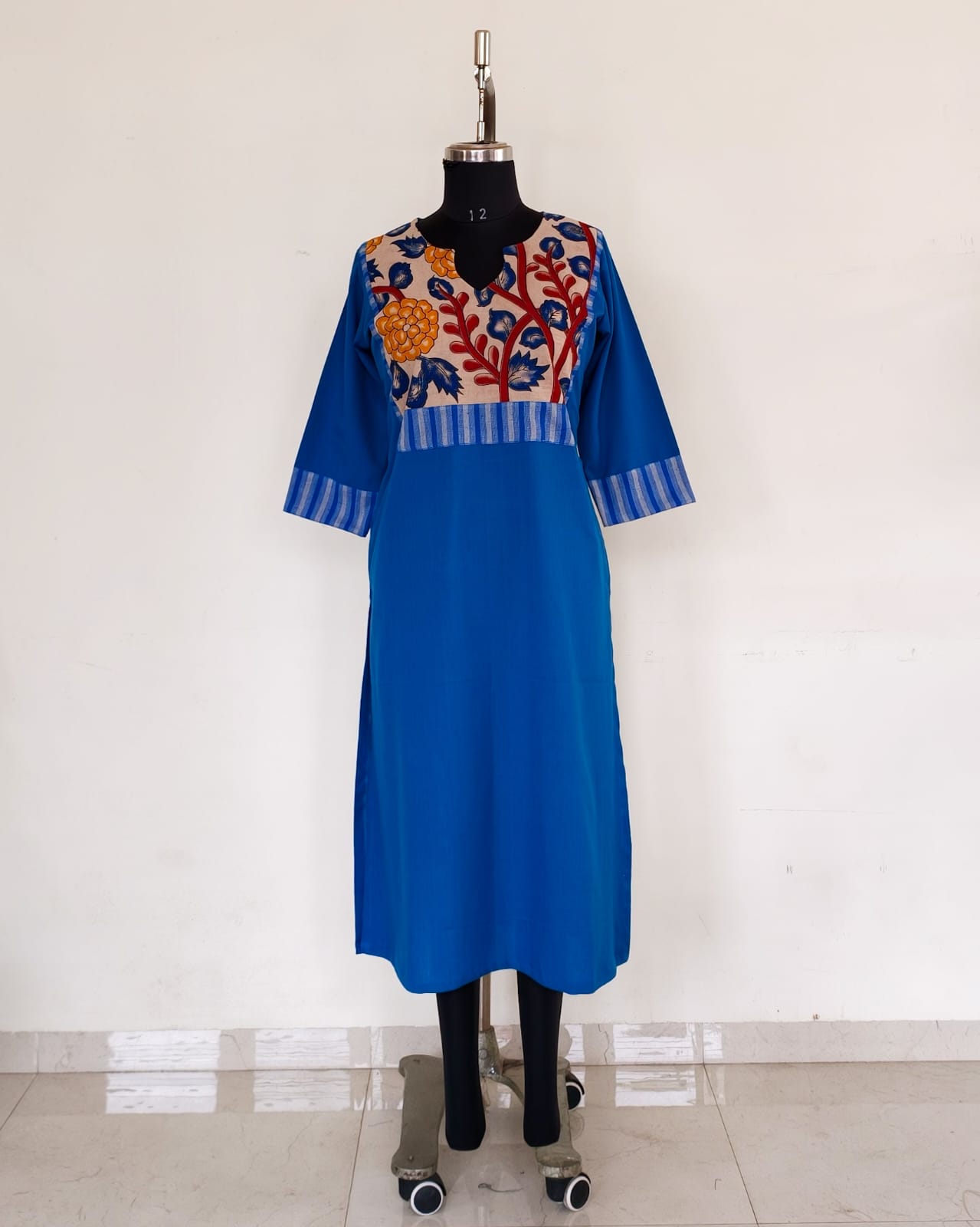 292 Blue with kalamkari patch and blue stripes detailing
