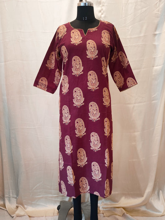 120 Maroon Printed Kurta with Lace