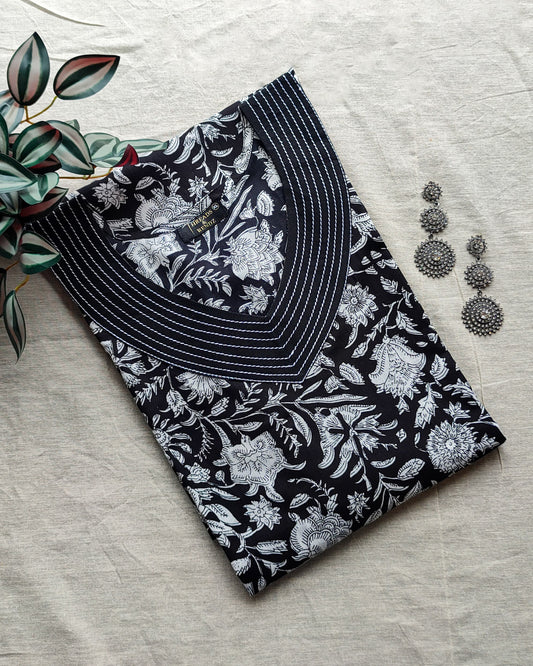 172 Black and white printed kurta with detailing on neck and sleeves