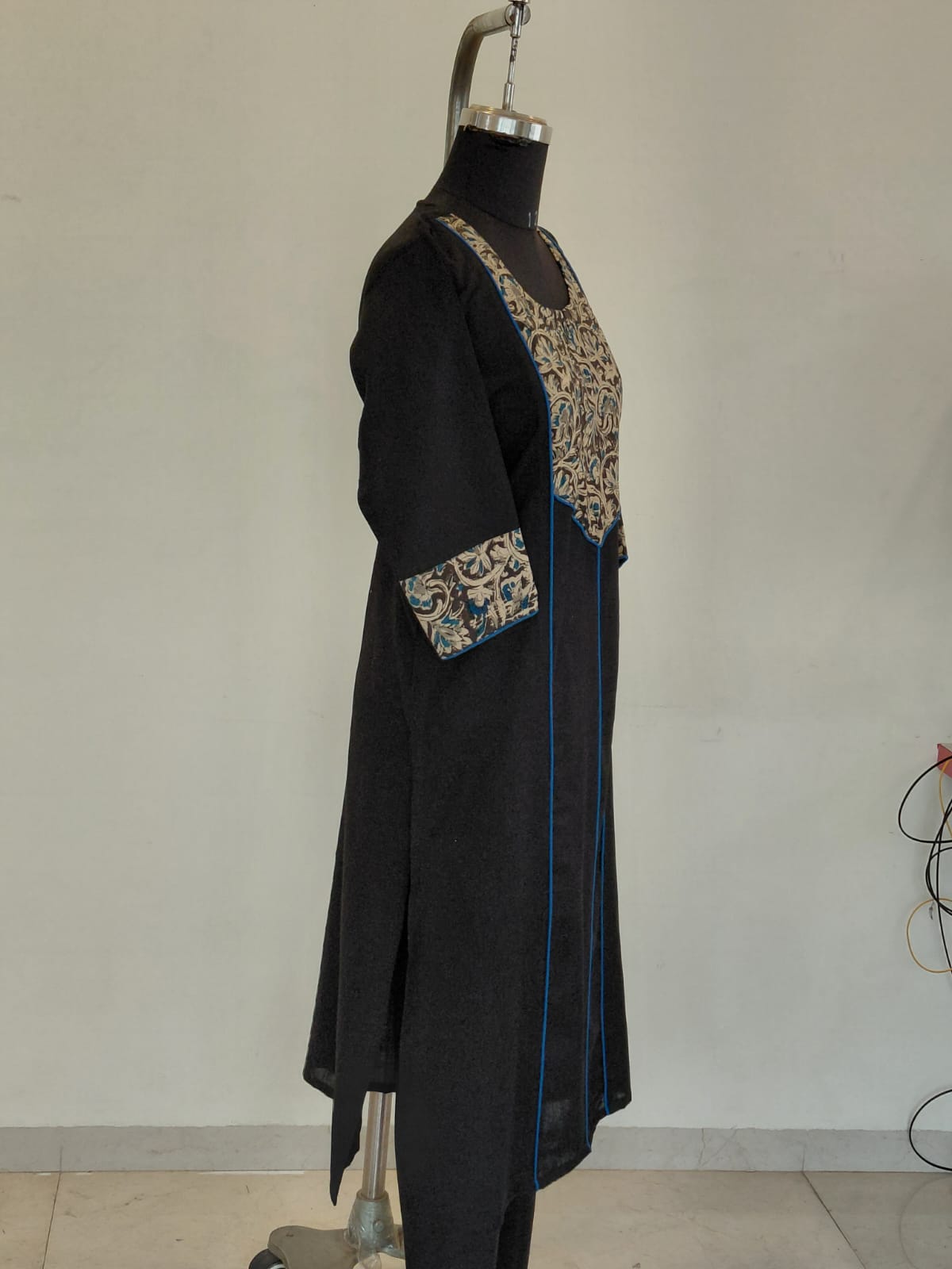294 Black with kalamkari panel with blue piping