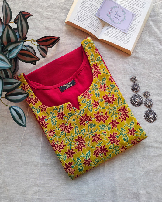 212	Red kurta with ajrakh yoke patch