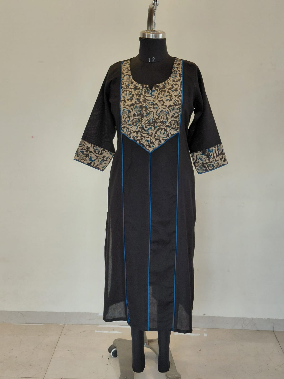 294 Black with kalamkari panel with blue piping