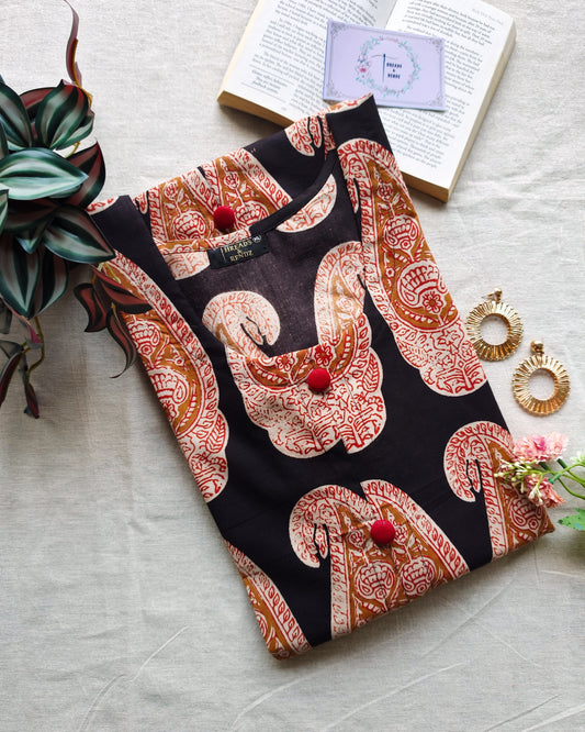 234 Black Bagru print kurta with Red buttons
