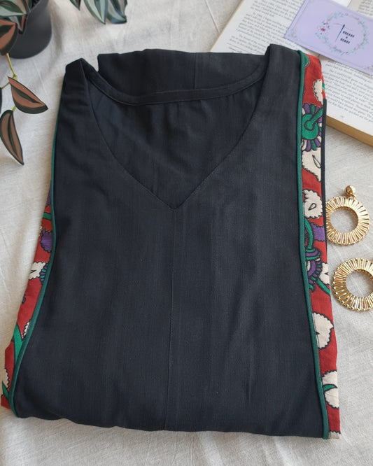274 Black with brick red kalamkari panel with pockets