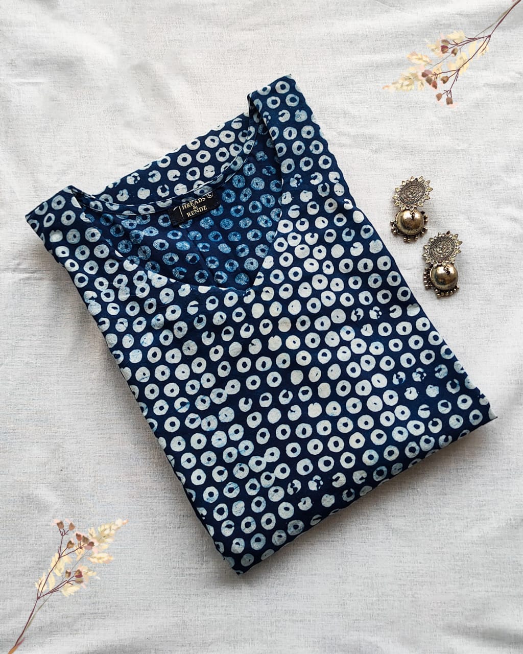 106 Blue and White Circle Print A-Line Kurta