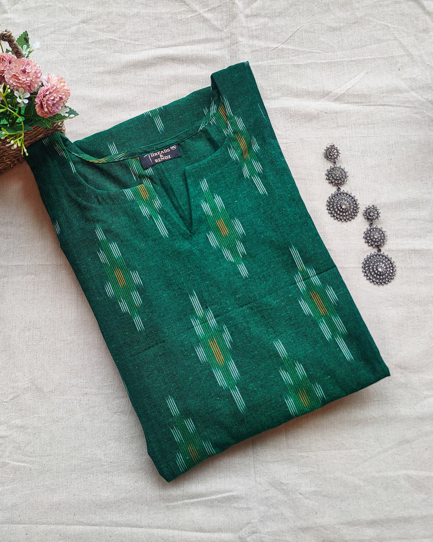 151 Bottle Green A-Line Ikkat Cotton Kurta