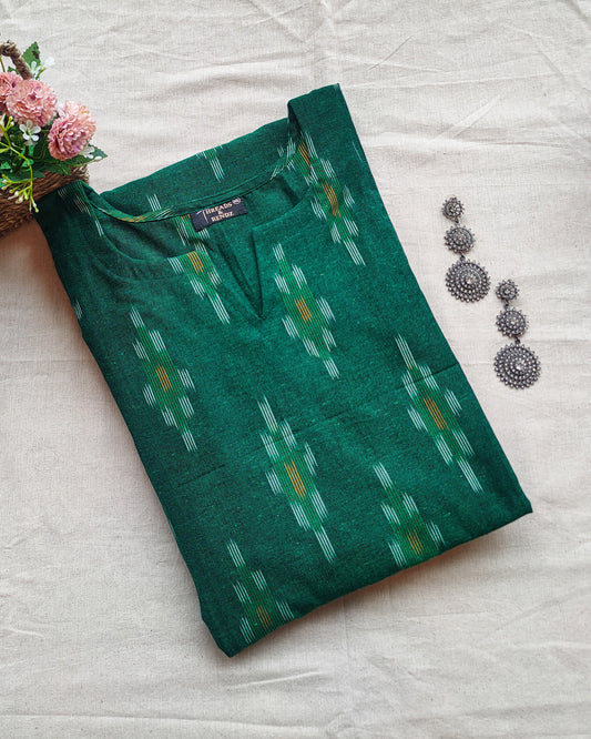 151 Bottle Green A-Line Ikkat Cotton Kurta