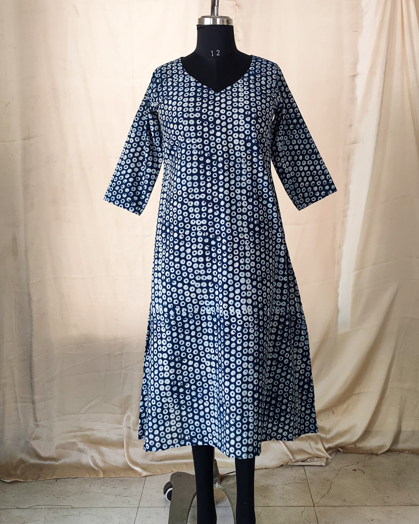 106 Blue and White Circle Print A-Line Kurta