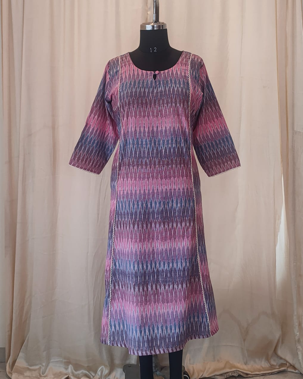 149 Pink and Blue Pastel Shade Ikkat Kurta with Cream Lace Detailing