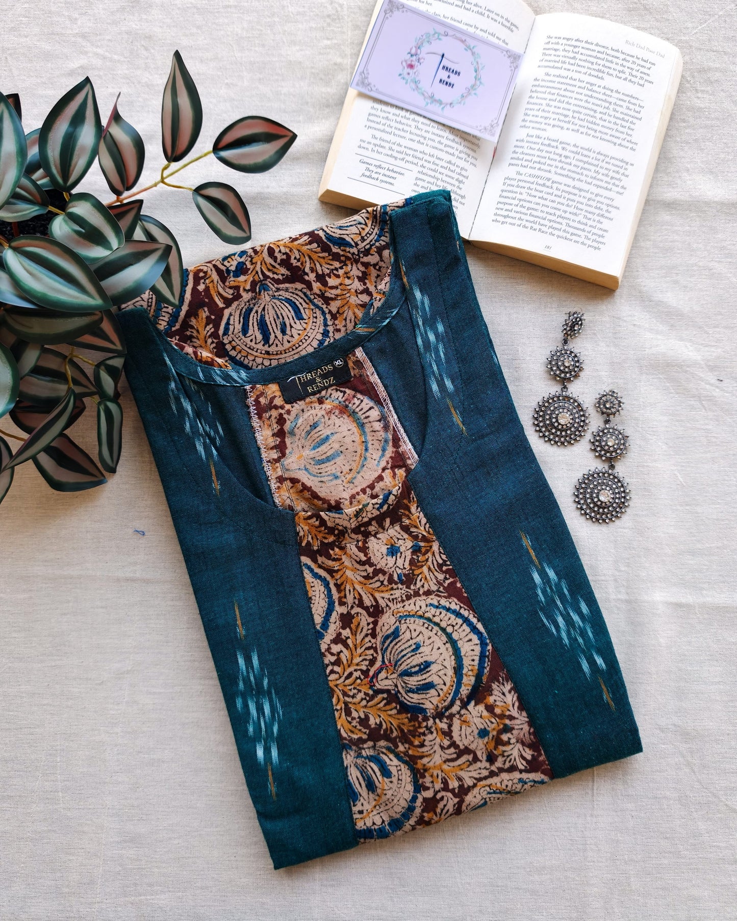 252 Green ikkat and maroon kalamkari flare kurta