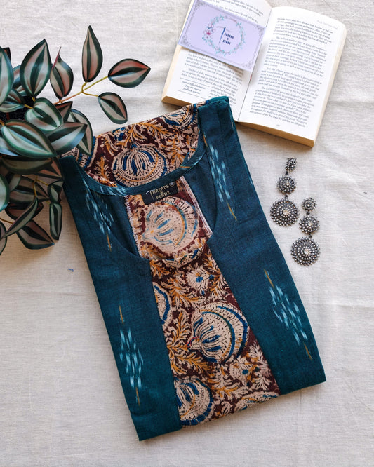 252 Green ikkat and maroon kalamkari flare kurta