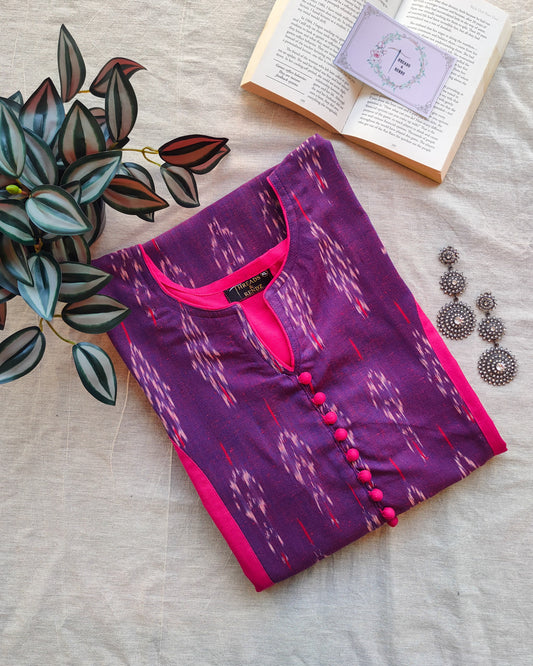 209	Pink n purple ikkat princess cut kurta with potlis