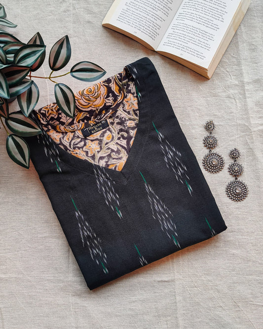 179 Black Kalamkari Kurta with Ikkat Yoke Patch