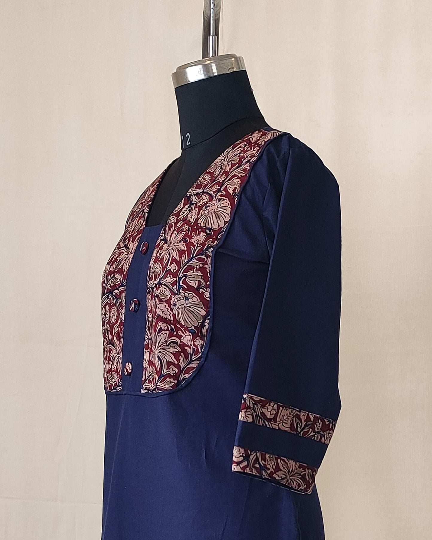 188 Navy blue kurta with kalamkari patch and buttons