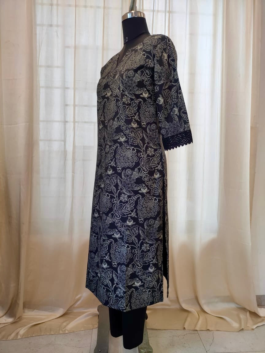 52 Black Printed Kurti With Lace Detailing On Sleeves