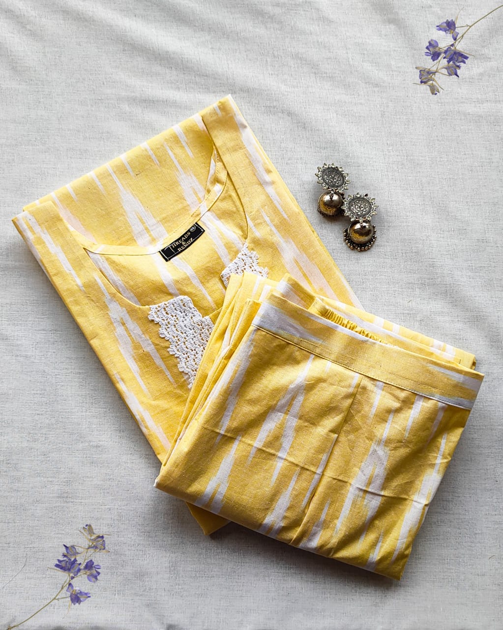 96 Yellow ikkat co-ord set with lace detailing