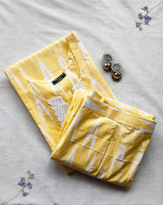 96 Yellow ikkat co-ord set with lace detailing