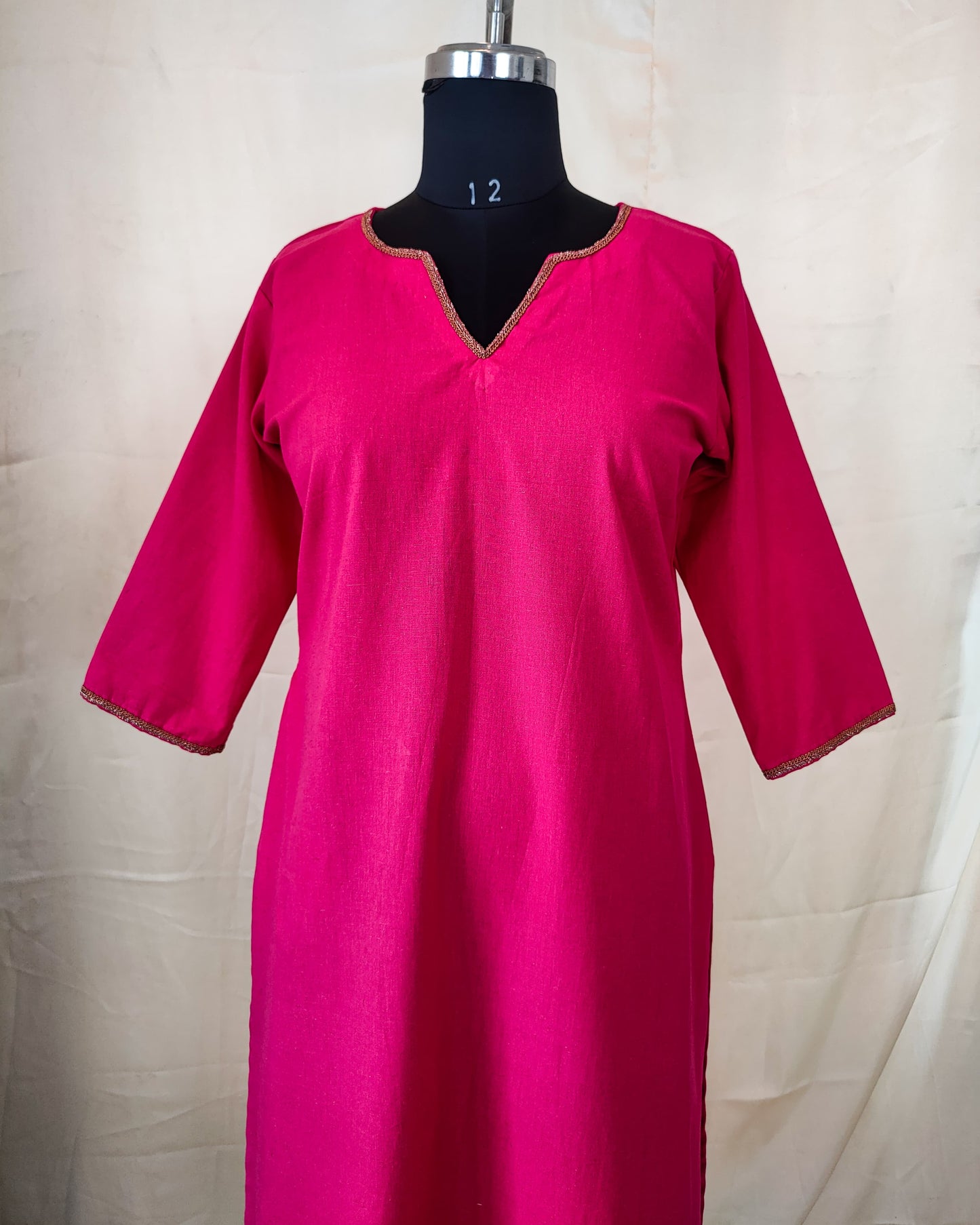 28 Plain Pink Kurti With Golden Lace Detailing