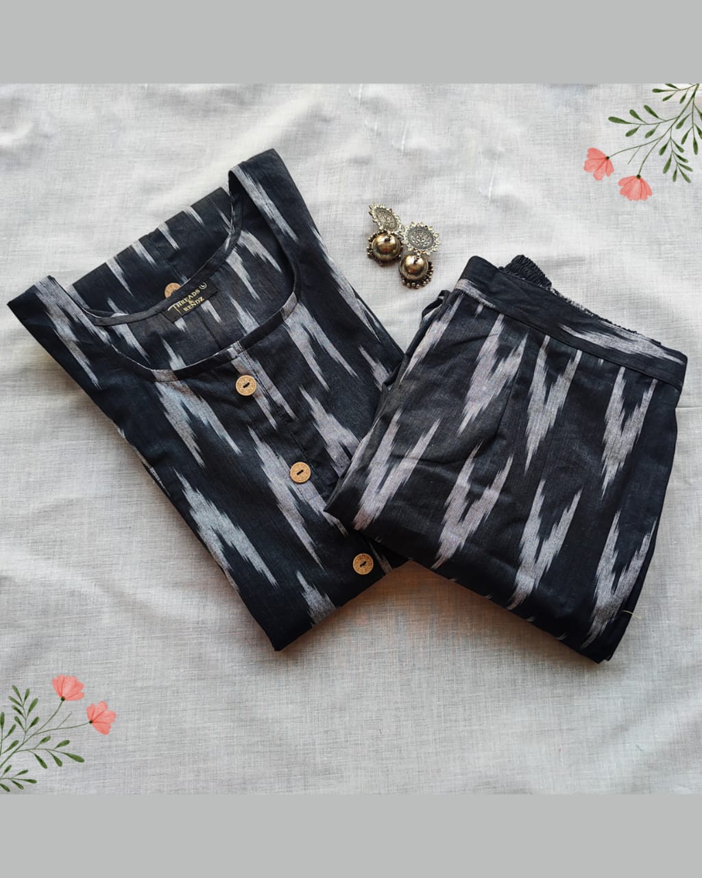 97 Black ikkat A-line co-ord set with buttons