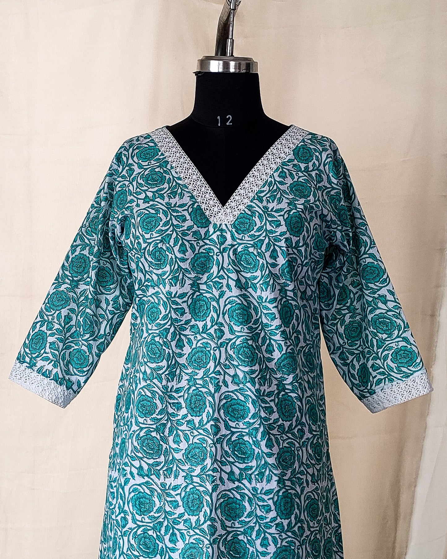 89A Green and white printed A-line cotton kurta with lace detailing