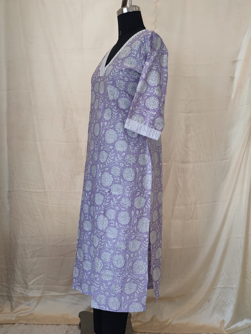48 Lavender Colour Printed Kurta With Lace Detailing