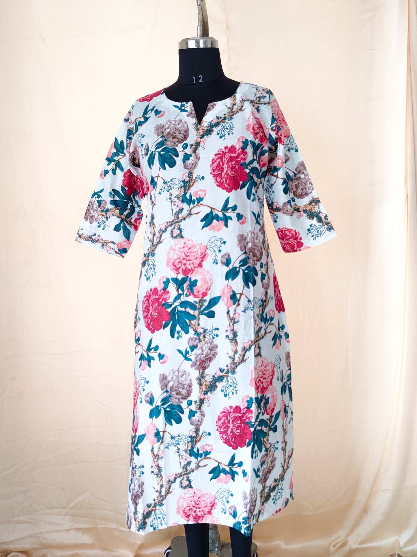 37 White Floral Cotton Kurti
