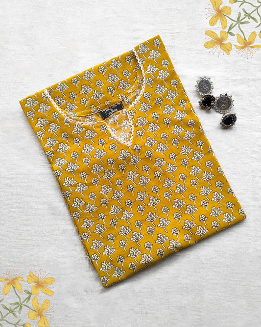 30 Mustard Ajrakh Kurta With Lace Detailing