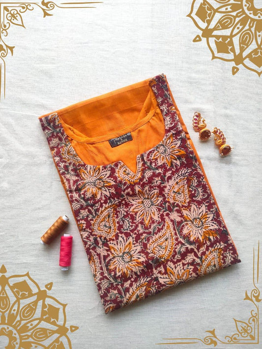 54 Mustard Colour A Line Kurti With Kalamkari Patch