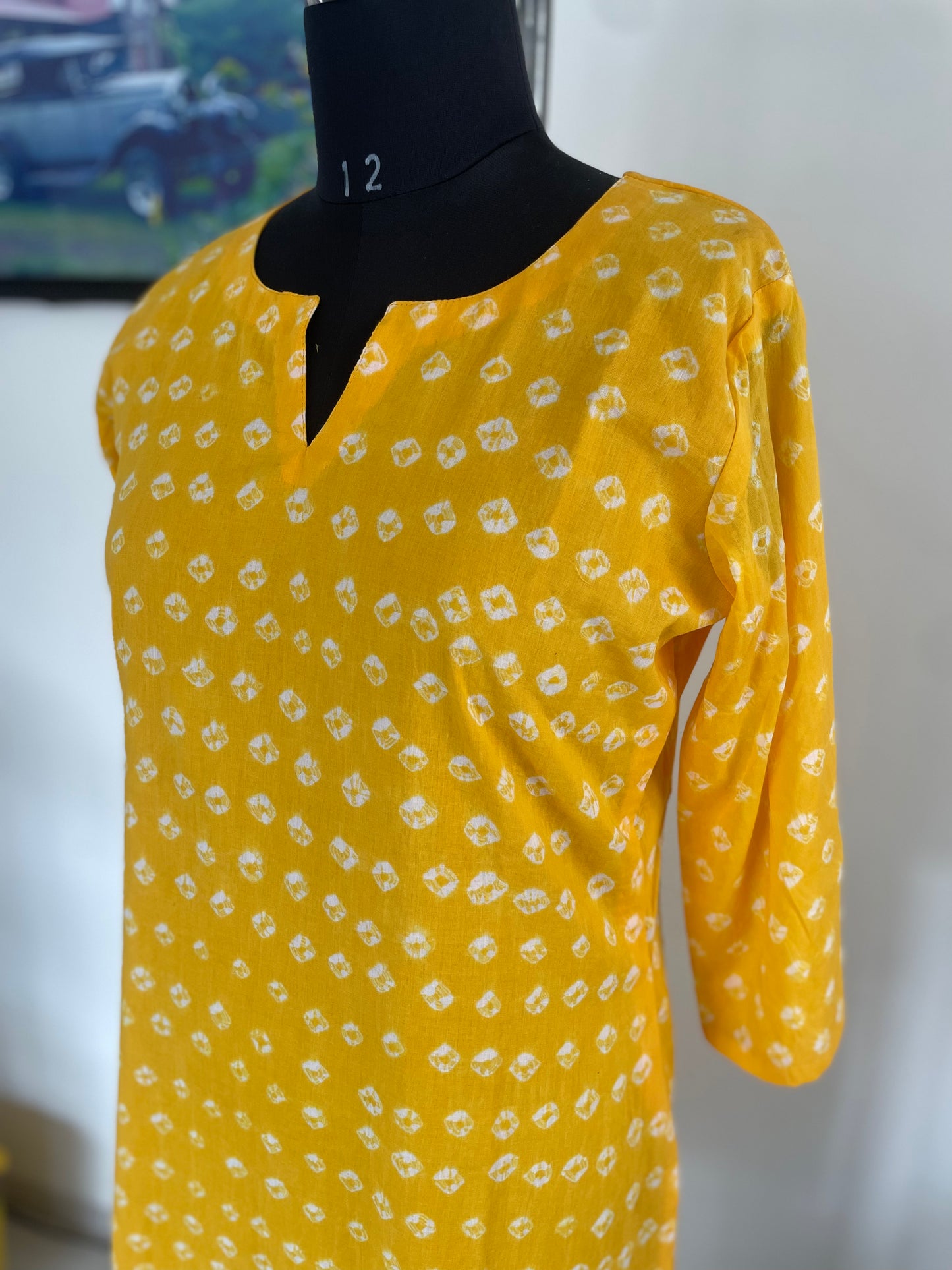 44 Yellow Bandhani Mul Cotton Kurti With Lining
