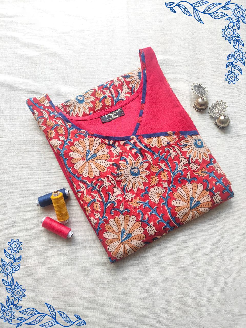 46 Marron Kurti With Kalamkari Overlap Pattern With Tassels